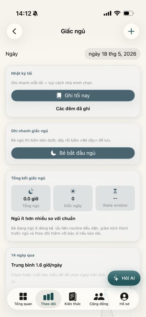 Màn hình Giấc ngủ — nhật ký, wake window và ghi nhanh trên Mầmm